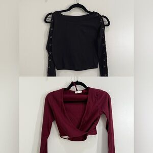 Two tops - burgundy warp top and black lace up top